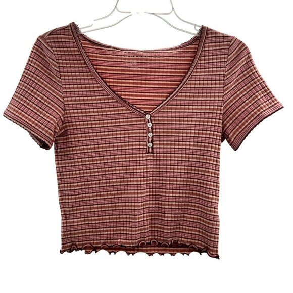 American Eagle Women's Striped Crop Top V-Neck Short Sleeve Multicolor Small - Picture 1 of 9